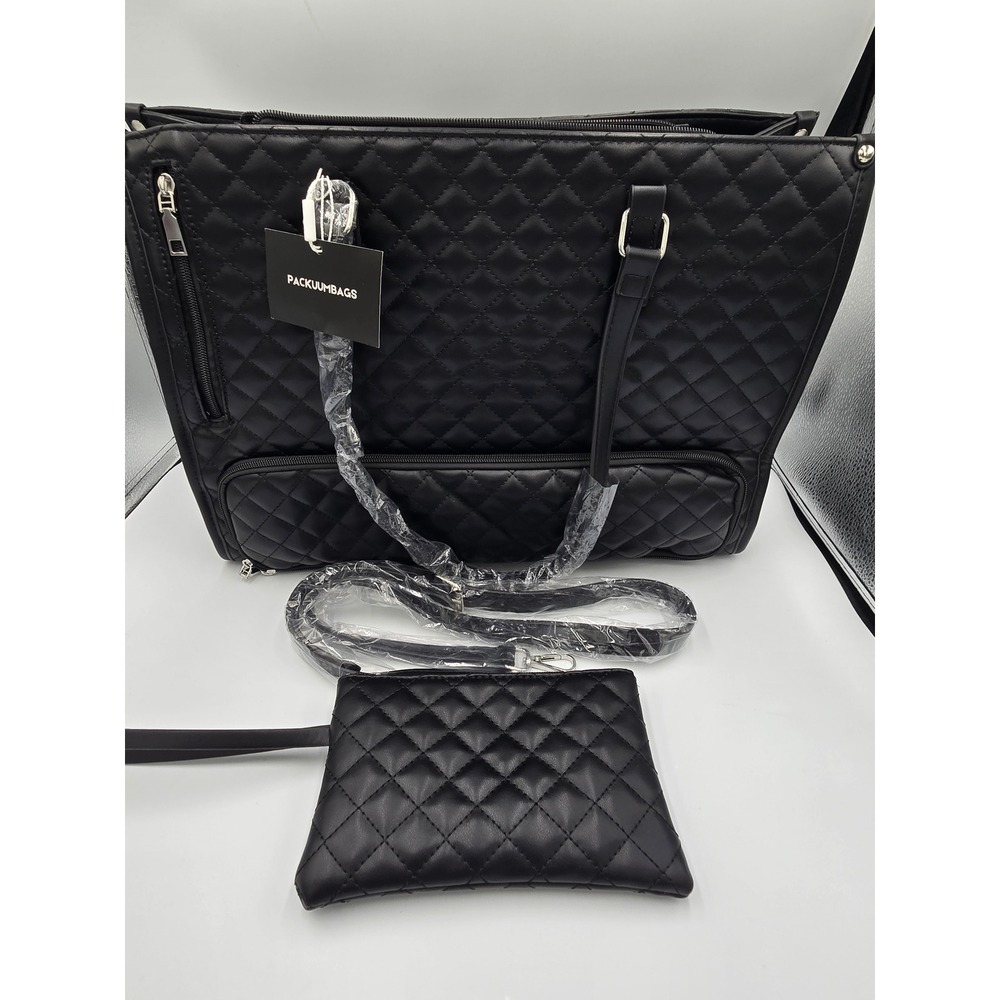 Packuum Bags Quilted Black Laptop Tote Bag Insulated Lunch Compartment Set NWT